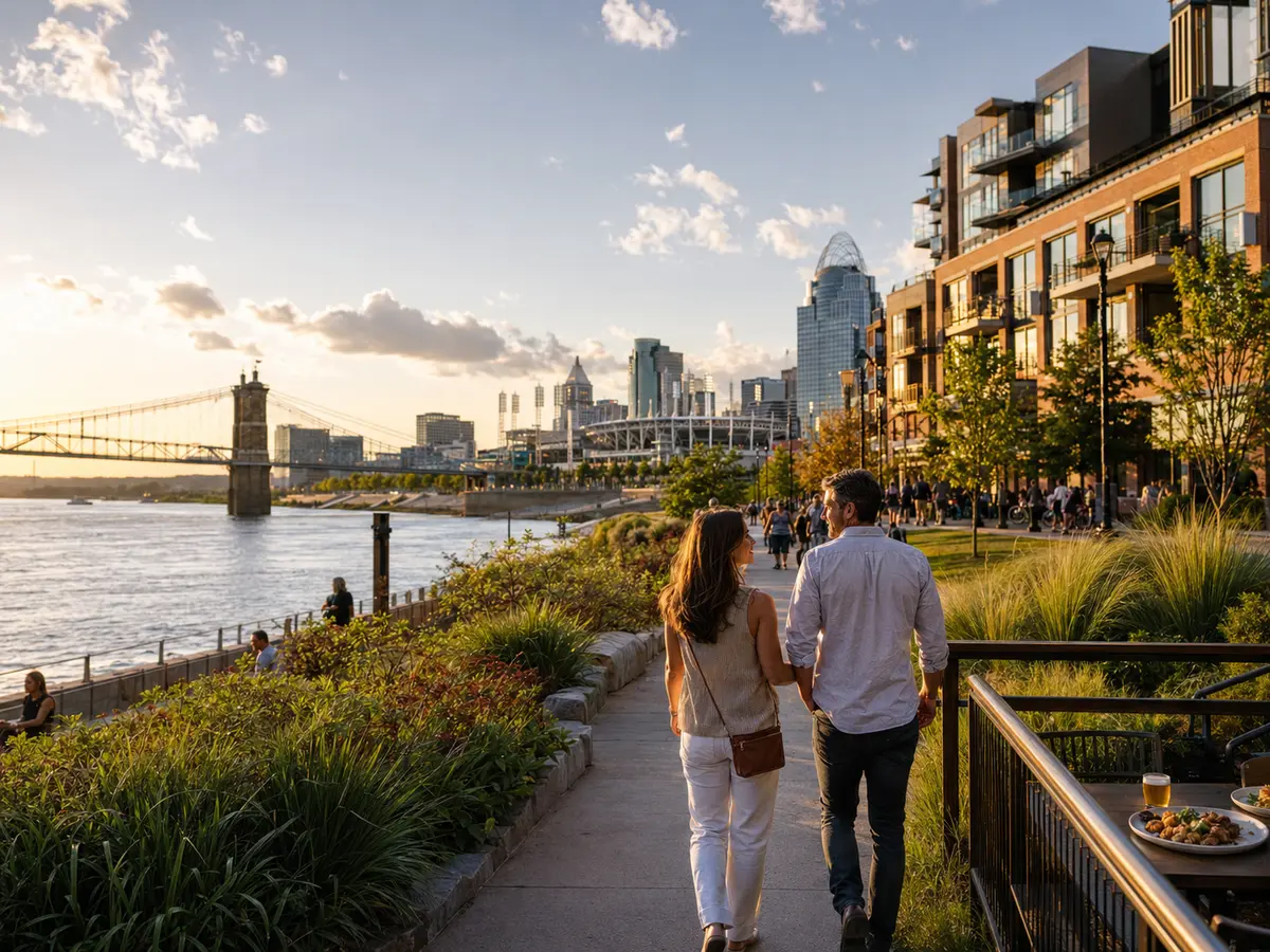 A couple walks Cincinnati's riverfront at The Banks with the Ohio River and bridge beyond.