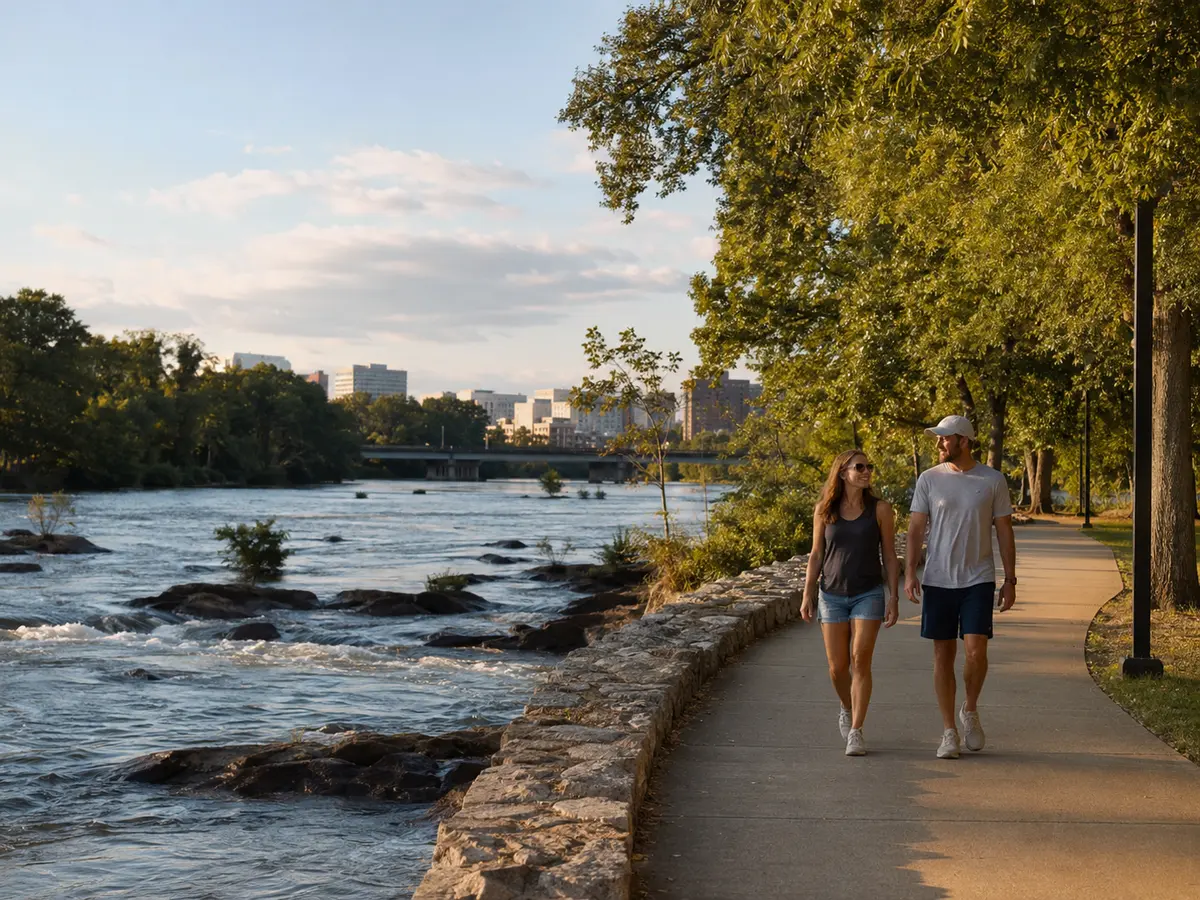 A couple walks Columbia's riverside greenway beside rocks and low rapids in golden light.