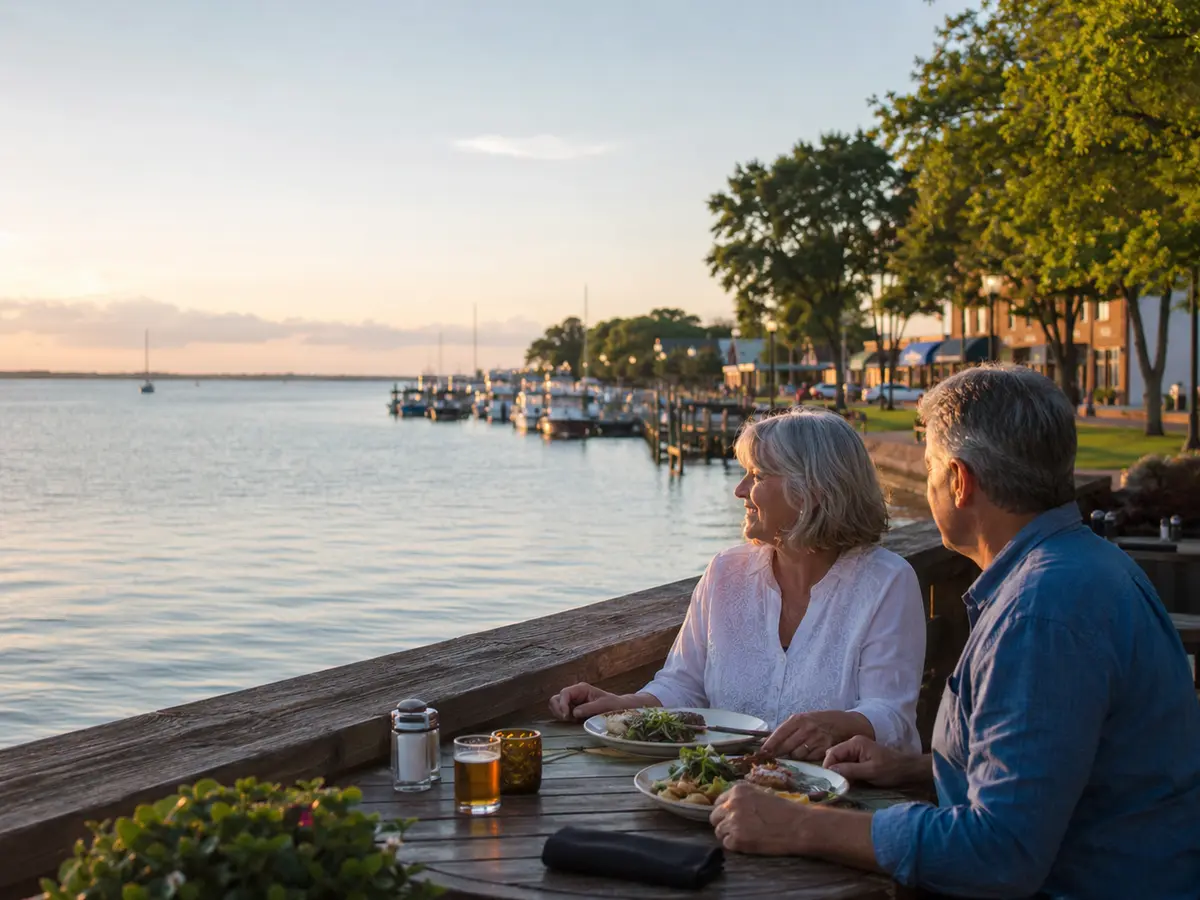 A couple shares dinner beside the calm Pasquotank River waterfront in Elizabeth City.