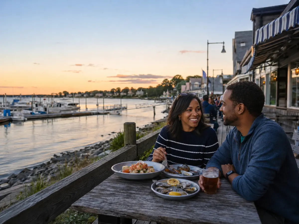 A couple shares seafood beside Milford's calm waterfront marina at sunset.