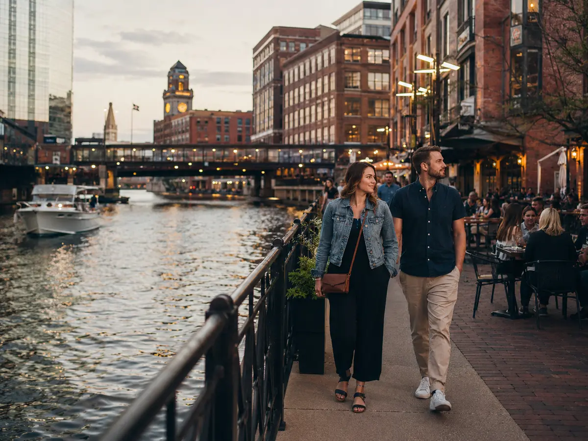 A couple explores Milwaukee's RiverWalk between the river and the brick Third Ward.
