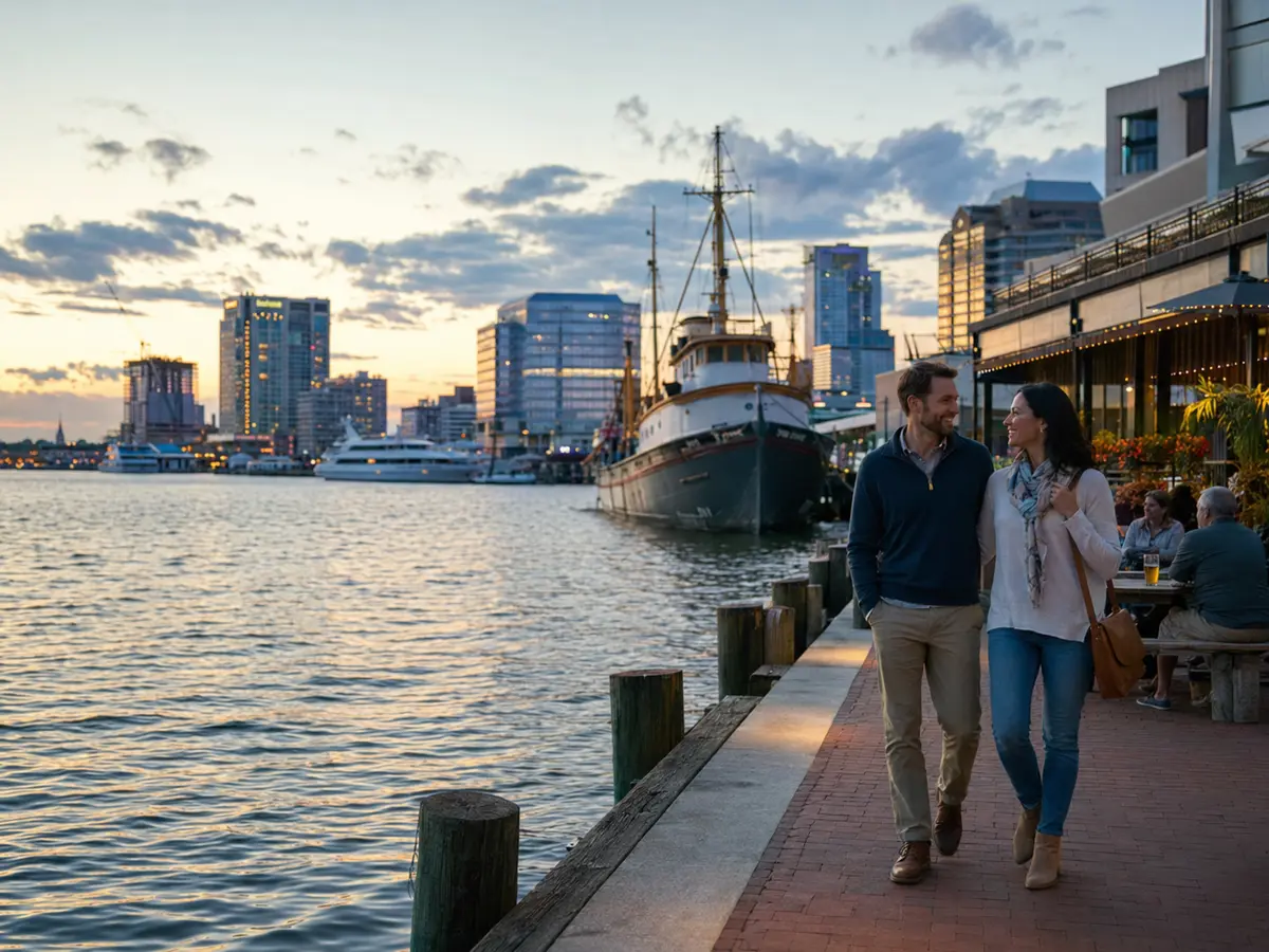 A couple walks Norfolk's downtown harbor promenade beside the working waterfront at dusk.