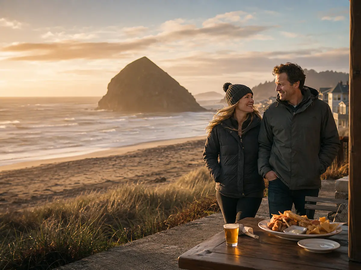 A couple in warm jackets walks above Pacific City's beach with surf and a sea stack at sunset.