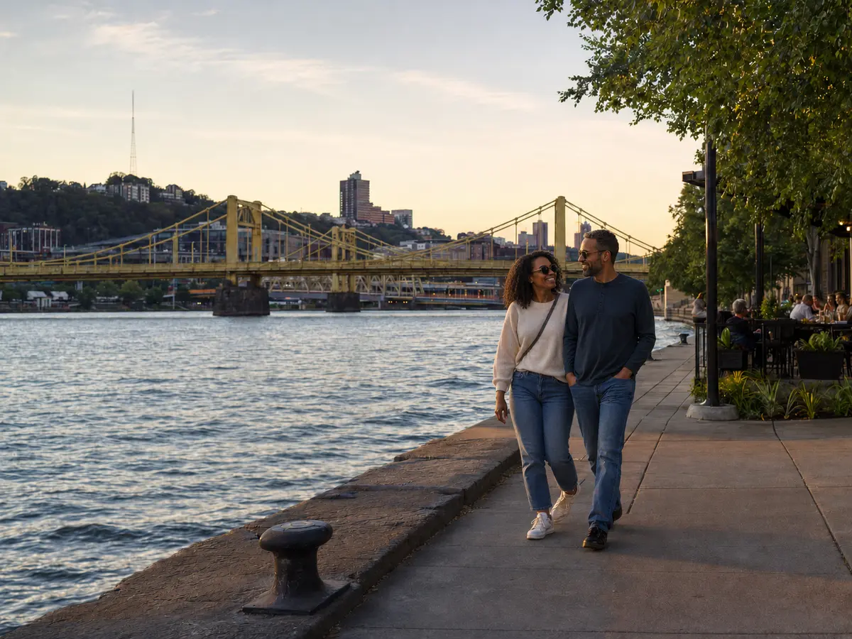A couple walks Pittsburgh's North Shore riverfront with a yellow bridge and hillside beyond.