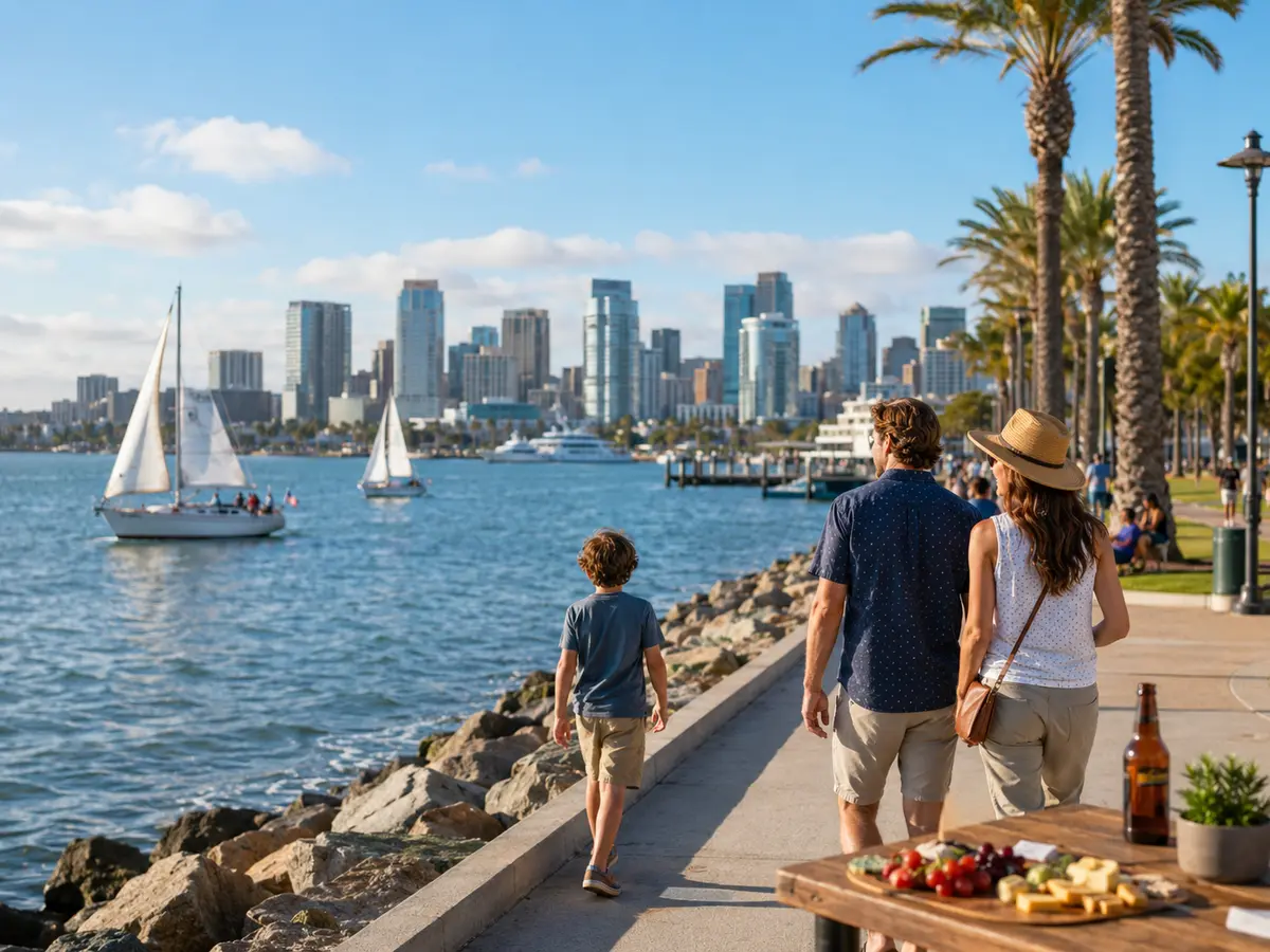 A family walks along San Diego Bay with sailboats and the downtown skyline across the water.