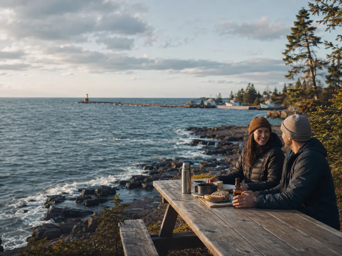A couple pauses beside the rocky Lake Superior shore near Two Harbors.