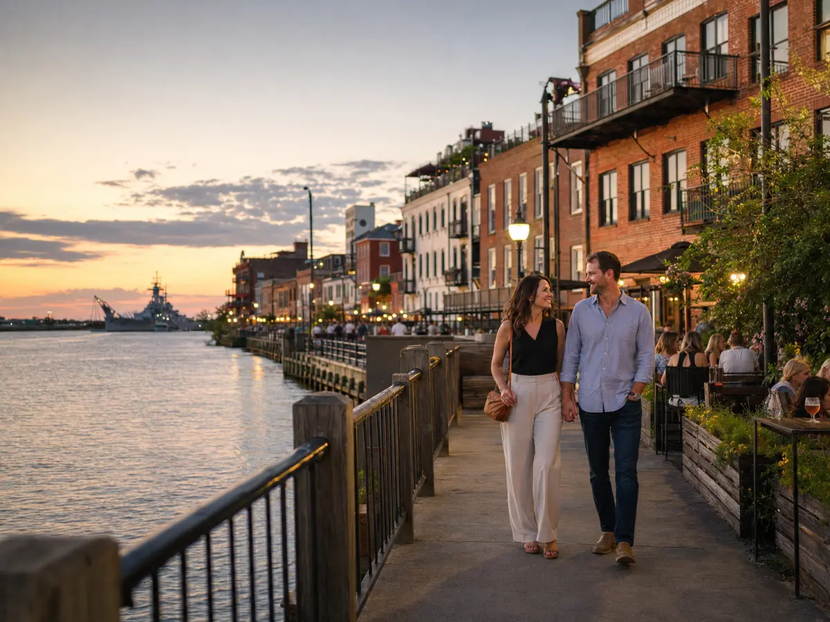 A couple walks Wilmington's downtown Riverwalk at sunset with the Cape Fear River and historic brick buildings.