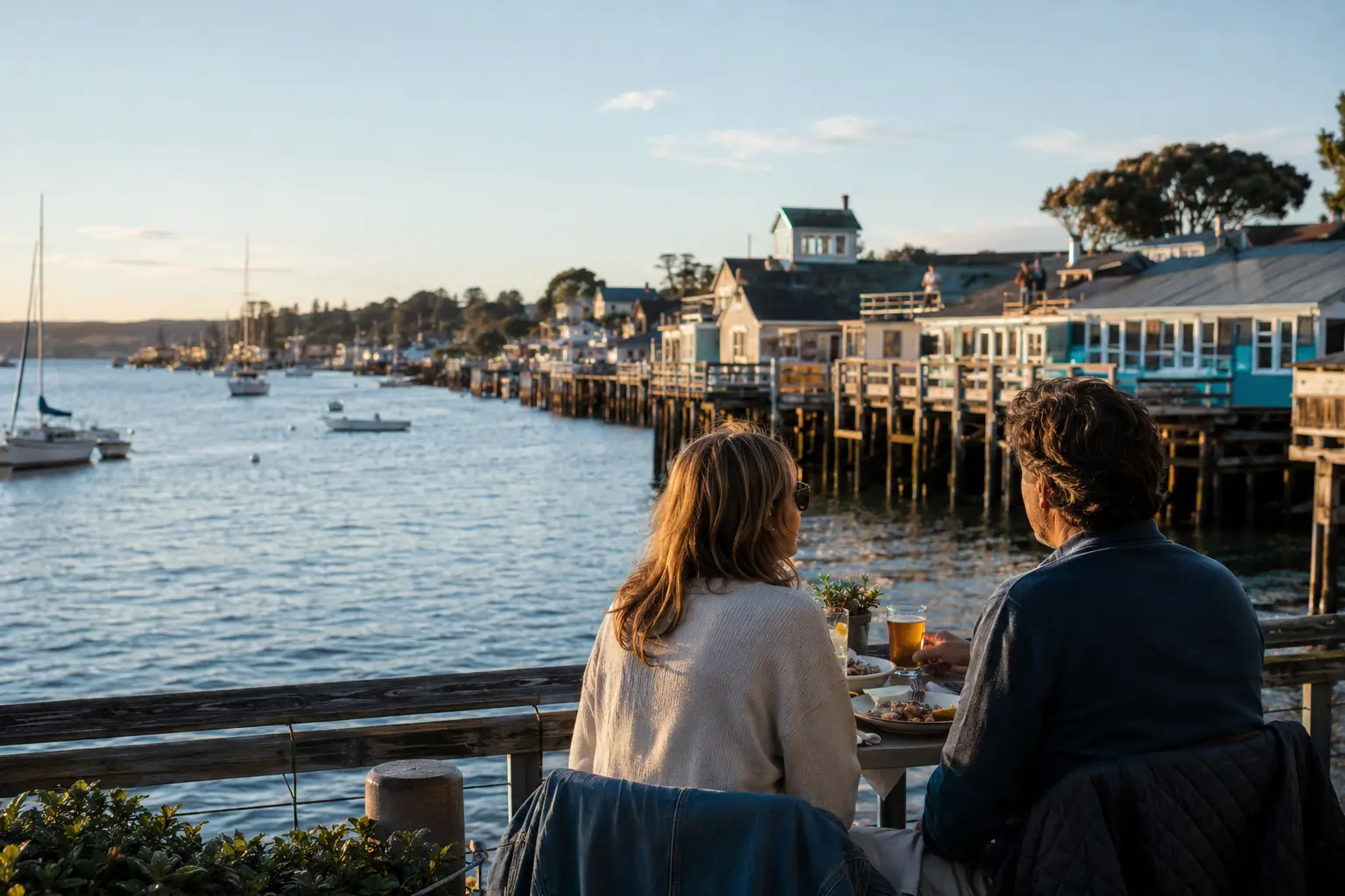 A couple shares a waterfront dinner overlooking a calm harbor at golden hour.